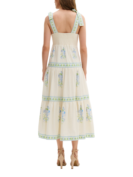 Malina Stefania Linen Rich Floral Midi Dress, Vanilla/Multi - view 2, Vanilla/Multi