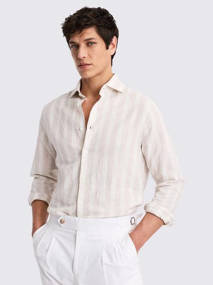 Moss Wide Stripe Linen Blend Shirt, Camel