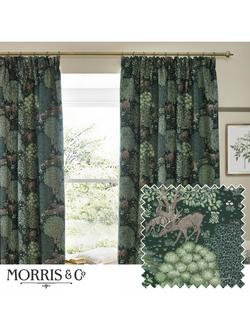 Morris & Co. The Brook Pair Lined Pencil Pleat Curtains, Forest Green - view 2, Forest Green