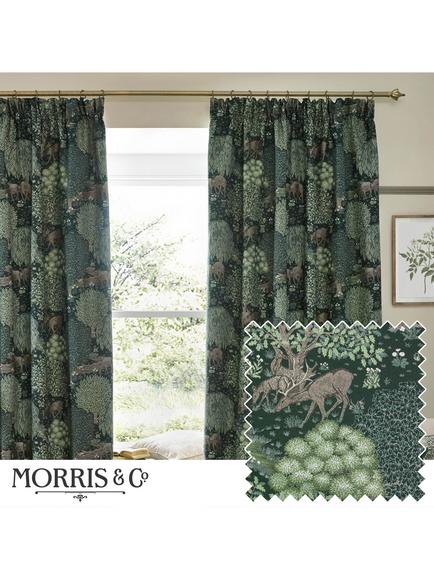 Morris & Co. The Brook Pair Lined Pencil Pleat Curtains, Forest Green - view 2, Forest Green