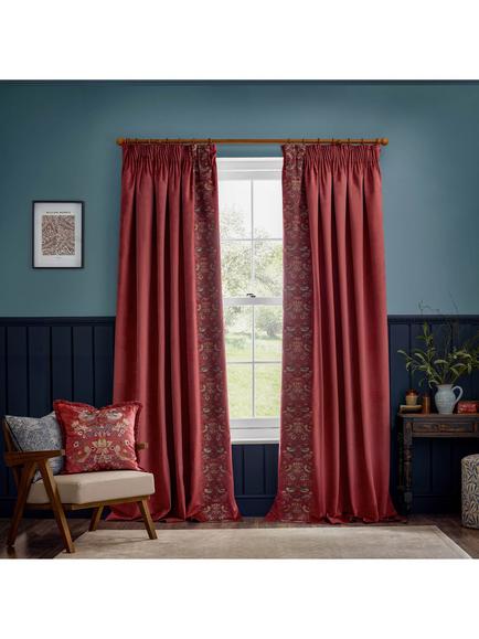 Morris & Co. Strawberry Thief Pair Lined Pencil Pleat Curtains, Berry