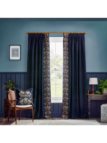 Morris & Co. Strawberry Thief Pair Lined Pencil Pleat Curtains, Indigo