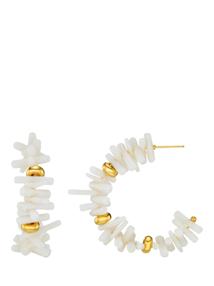 Orelia Coral Chip and Bead Hoop Earrings, Gold/Cream, Gold/Cream