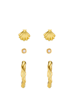 Orelia Shell and Wave Hoop Earring Stacking Set, Pale Gold, Pale Gold