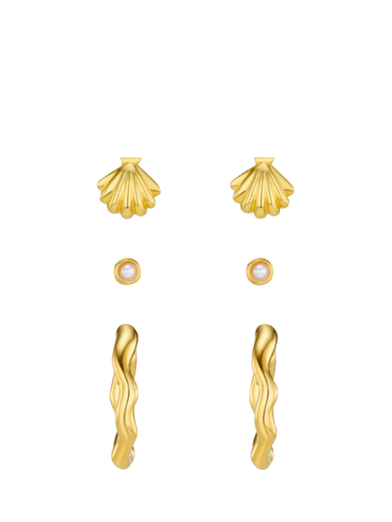 Orelia Shell and Wave Hoop Earring Stacking Set, Pale Gold, Pale Gold