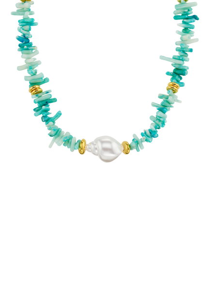 Orelia Statement Coral Chip and Pearl Necklace, Gold/Blue, Gold/Blue