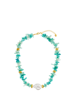 Orelia Statement Coral Chip and Pearl Necklace, Gold/Blue - view 2, Gold/Blue
