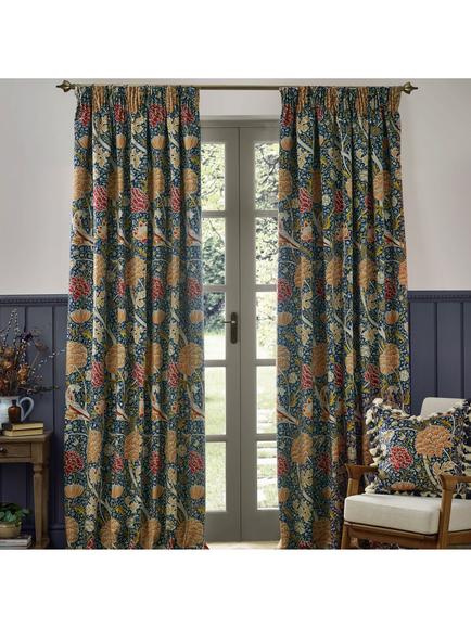 Morris & Co. Cray Pair Lined Pencil Pleat Curtains, Indigo/Berry