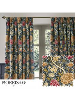 Morris & Co. Cray Pair Lined Pencil Pleat Curtains - view 2, Indigo/Berry