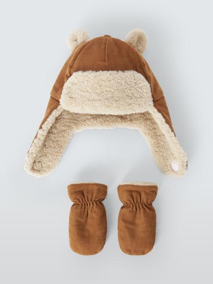 John Lewis Baby Bear Trapper Hat & Mittens Set, Brown, Brown