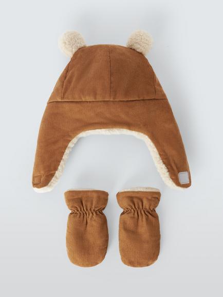 John Lewis Baby Bear Trapper Hat & Mittens Set, Brown - view 2, Brown