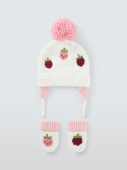 John Lewis Baby Fruit Embroidered Bobble Hat & Mittens Set, Pink, Pink