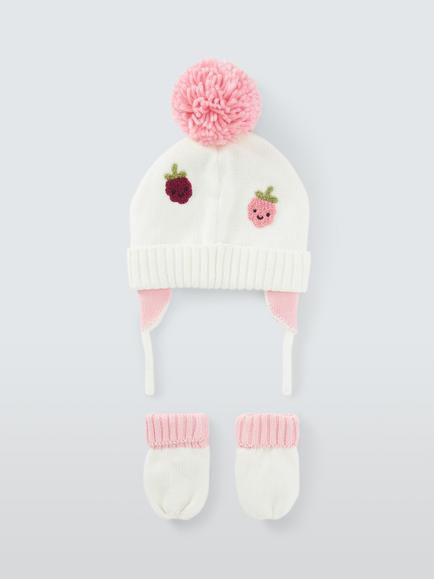 John Lewis Baby Fruit Embroidered Bobble Hat & Mittens Set, Pink - view 2, Pink