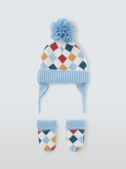 John Lewis Baby Harlequin Bobble Hat & Mittens Set, Multi, Multi