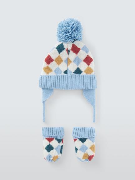 John Lewis Baby Harlequin Bobble Hat & Mittens Set, Multi - view 2, Multi