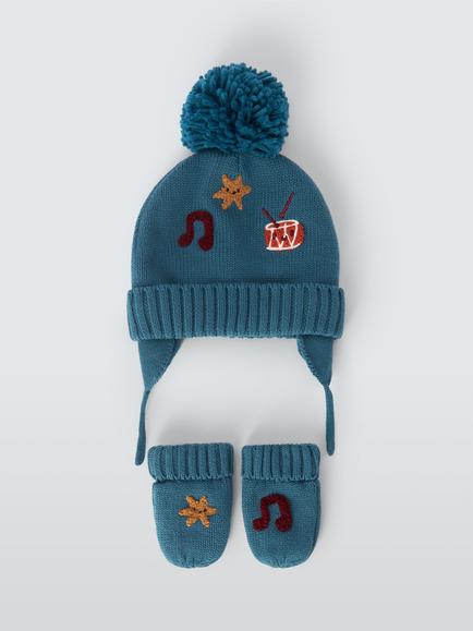John Lewis Baby Music Embroidered Bobble Hat & Mittens Set, Navy, Navy