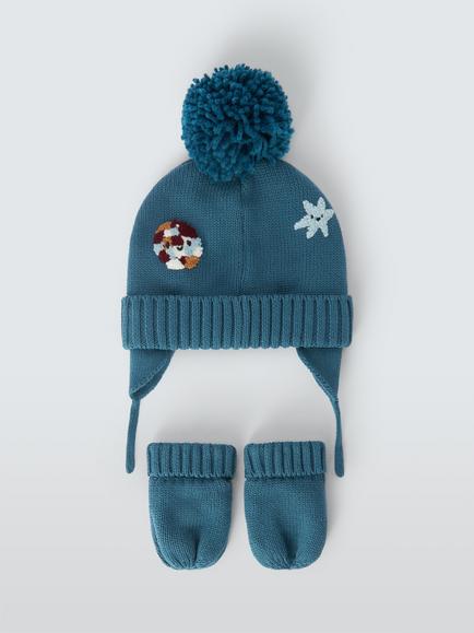 John Lewis Baby Music Embroidered Bobble Hat & Mittens Set, Navy - view 2, Navy