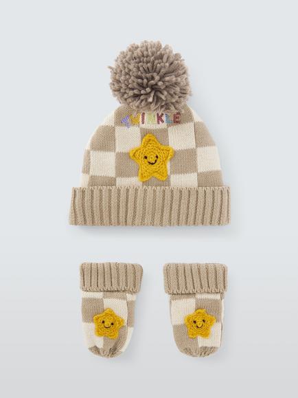 John Lewis Baby Star Bobble Hat & Mittens Set, Natural, Natural