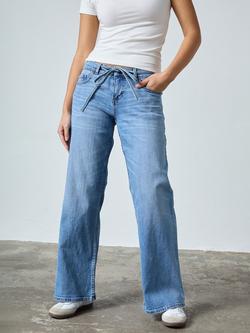 Sisters Point Onea Tie Waist Wide Leg Jeans, Mid Blue, Mid Blue
