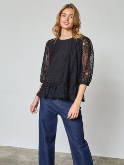 Sisters Point Ebale Lace Ruffle Hem Top, Black, Black