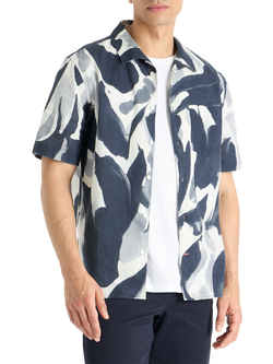 SPOKE Linen Cuban Slim Fit Short Sleeve Shirt, Midnight Botanist, Blue Multi