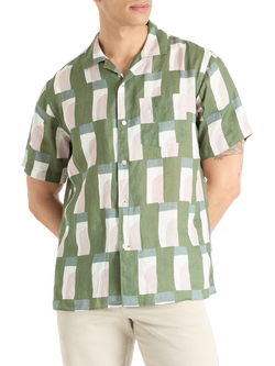 SPOKE Linen Riad Print Cuban Slim Fit Shirt, Olive, Olive