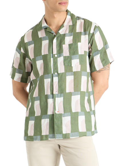 SPOKE Linen Riad Print Cuban Slim Fit Shirt, Olive, Olive