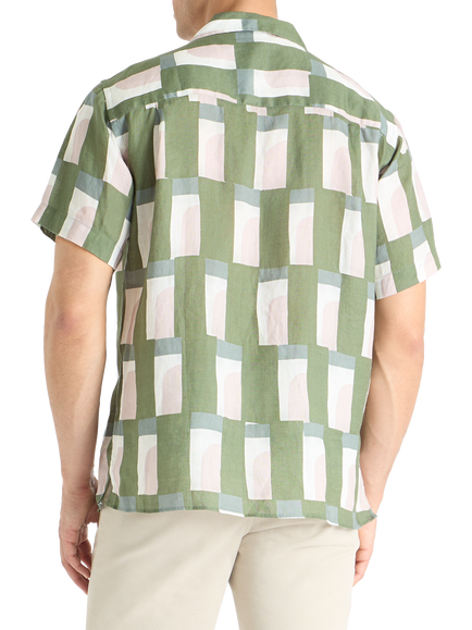 SPOKE Linen Riad Print Cuban Slim Fit Shirt, Olive - view 2, Olive