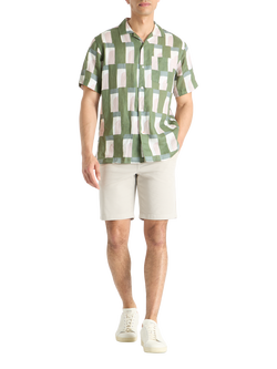 SPOKE Linen Riad Print Cuban Straight Fit Shirt, Olive, Olive