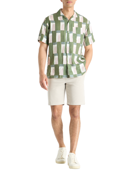SPOKE Linen Riad Print Cuban Straight Fit Shirt, Olive, Olive