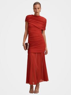 Forever New Elouise Asymmetric Cape Sleeve Mesh Maxi Dress, Dark Red, Dark Red