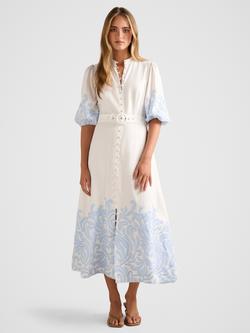 Forever New Esther Embroidered Linen Blend Midi Dress, Blue Mael Embroidery, Blue Mael Embroidery