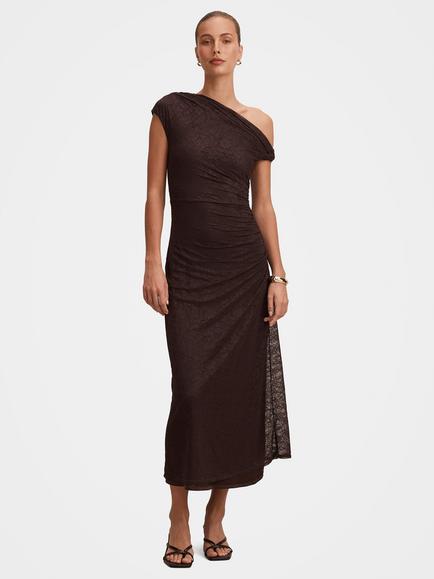 Forever New Paris Lace Asymmetric Midi Dress, Chocolate, Chocolate