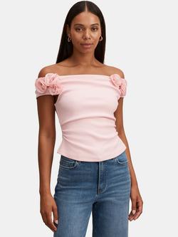 Forever New Cara Bardot Neck Rosette Top, Pink Sorbet, Pink Sorbet