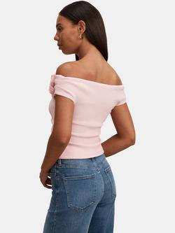 Forever New Cara Bardot Neck Rosette Top, Pink Sorbet - view 2, Pink Sorbet