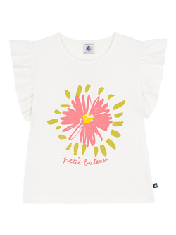 Petit Bateau Kids' Flutter Sleeve Floral Print T-Shirt, White/Multi, White/Multi