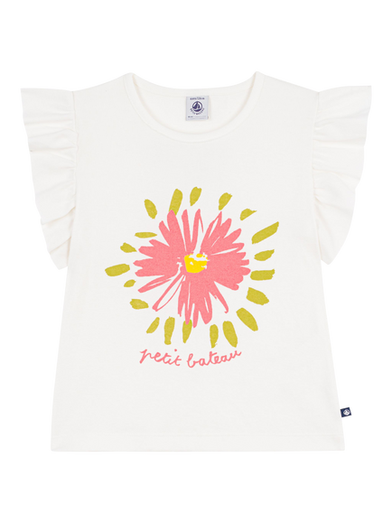 Petit Bateau Kids' Flutter Sleeve Floral Print T-Shirt, White/Multi, White/Multi
