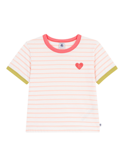 Petit Bateau Kids' Short Sleeve Striped Heart Motif T-Shirt, Cream/Red, Cream/Red