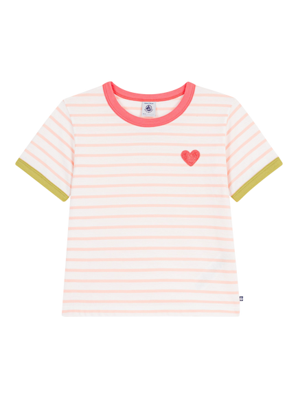 Petit Bateau Kids' Short Sleeve Striped Heart Motif T-Shirt, Cream/Red, Cream/Red