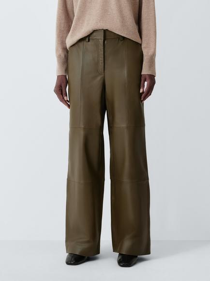 John Lewis Leather Wide Leg Trousers, Dark Olive, Dark Olive