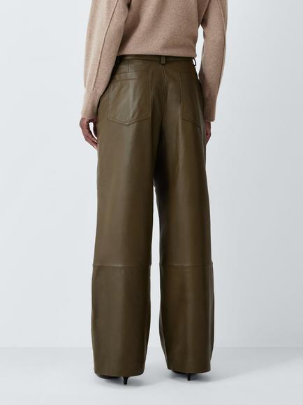 John Lewis Leather Wide Leg Trousers, Dark Olive - view 2, Dark Olive