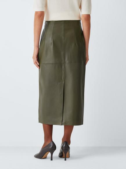 John Lewis Leather Midi Pencil Skirt, Dark Olive - view 2, Dark Olive