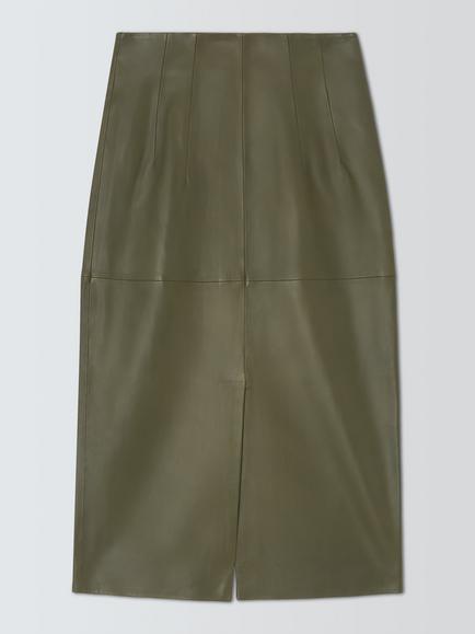 John Lewis Leather Midi Pencil Skirt, Dark Olive, Dark Olive