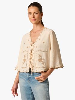 Adrianna Papell Embroidered Floral Tie Front Top, Beige, Beige