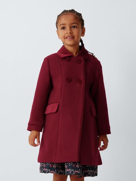 John Lewis Heirloom Collection Kids' Wool Rich Velvet Double Breasted Coat, Red, Red