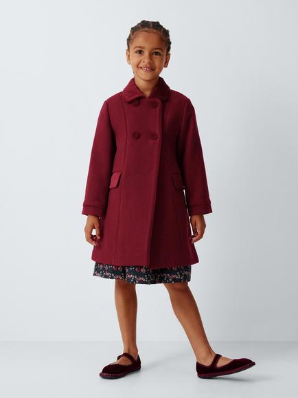 John Lewis Heirloom Collection Kids' Wool Rich Velvet Double Breasted Coat, Red - view 2, Red