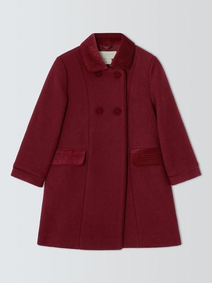 John Lewis Heirloom Collection Kids' Wool Rich Velvet Double Breasted Coat, Red, Red