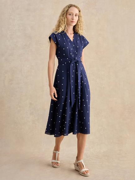 Hobbs Samantha Polka Dot Linen Rich Dress, Midnight/Ivory, Midnight/Ivory
