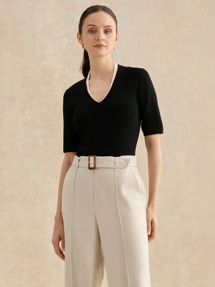 Hobbs Scarlett Contrast Neck Knit Top, Black/Cream, Black/Cream
