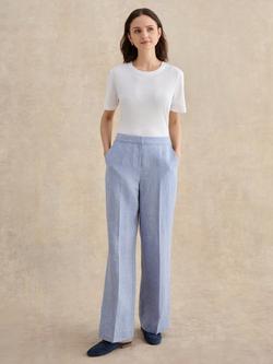 Hobbs Estella Wide Leg Pure Linen Trousers, Blue/White, Blue/White